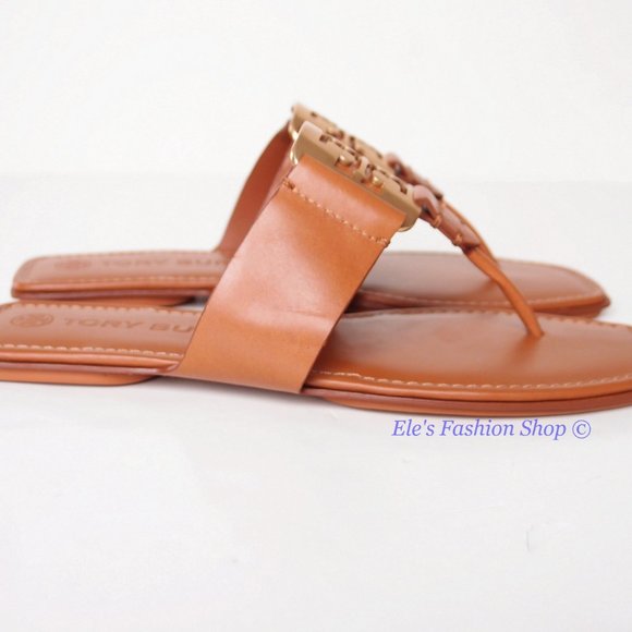 NIB Tory Burch Georgia Logo Leather Thong Sandal Aged Camello US 7 7.5 8 9 9.5 - Picture 8 of 16